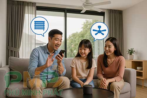 Gia đình đang sử dụng trợ lý ảo để điều khiển thiết bị smarthome Gia đình đang sử dụng trợ lý ảo để điều khiển thiết bị smarthome