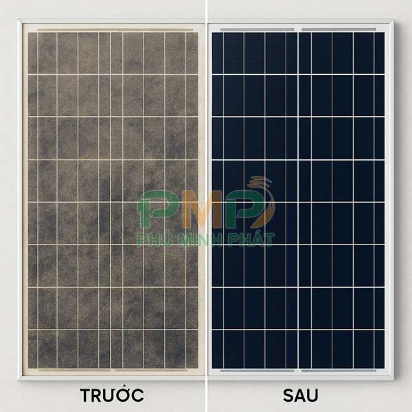 Tấm pin năng lượng mặt trời trước và sau khi vệ sinh Tấm pin năng lượng mặt trời trước và sau khi vệ sinh