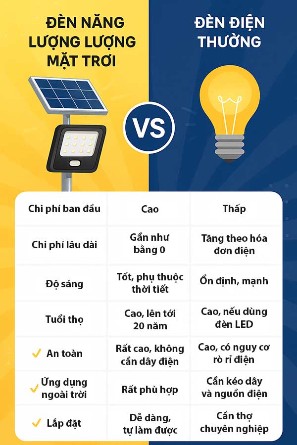 So sánh đèn năng lượng mặt trời và đèn điện thường