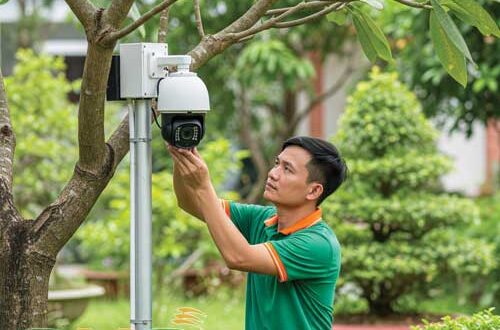 Kỹ thuật viên lắp đặt camera giám sát góc rộng