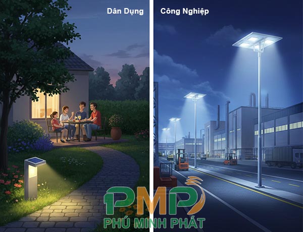 So sánh đèn năng lượng mặt trời dân dụng và công nghiệp